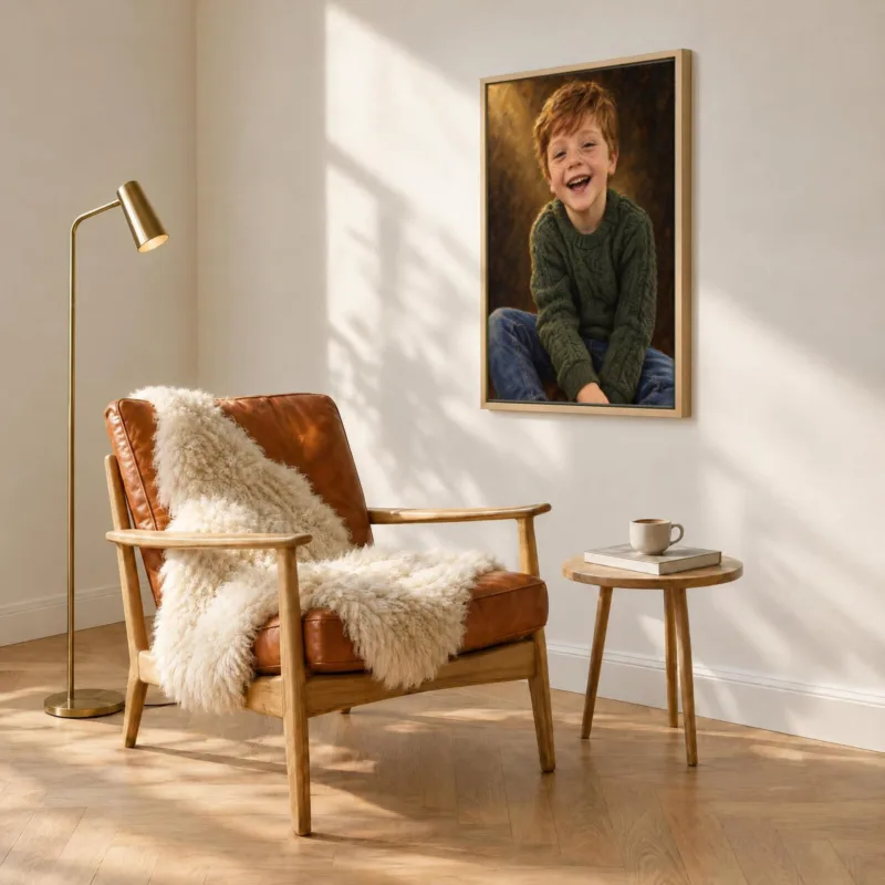 Kinderportret klassiek geschilderd op canvas in een houten baklijst, boven een fauteuil