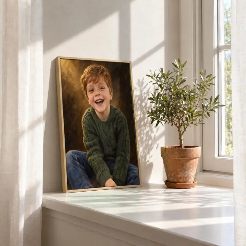 Kinderportret klassiek geschilderd op canvas in een houten baklijst, in de vensterbank