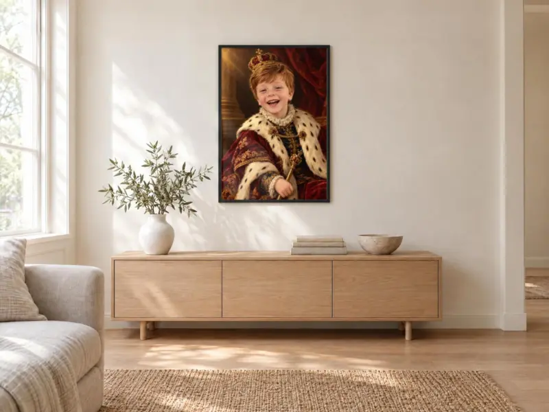 Kinderportret koninklijk geschilderd in een zwarte lijst, boven een dressoir