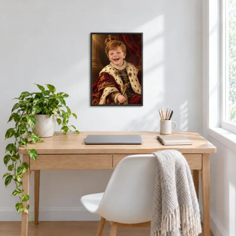 Kinderportret koninklijk geschilderd in een zwarte lijst, boven een bureau