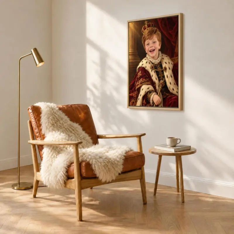 Kinderportret koninklijk geschilderd op canvas in een houten baklijst, boven een fauteuil