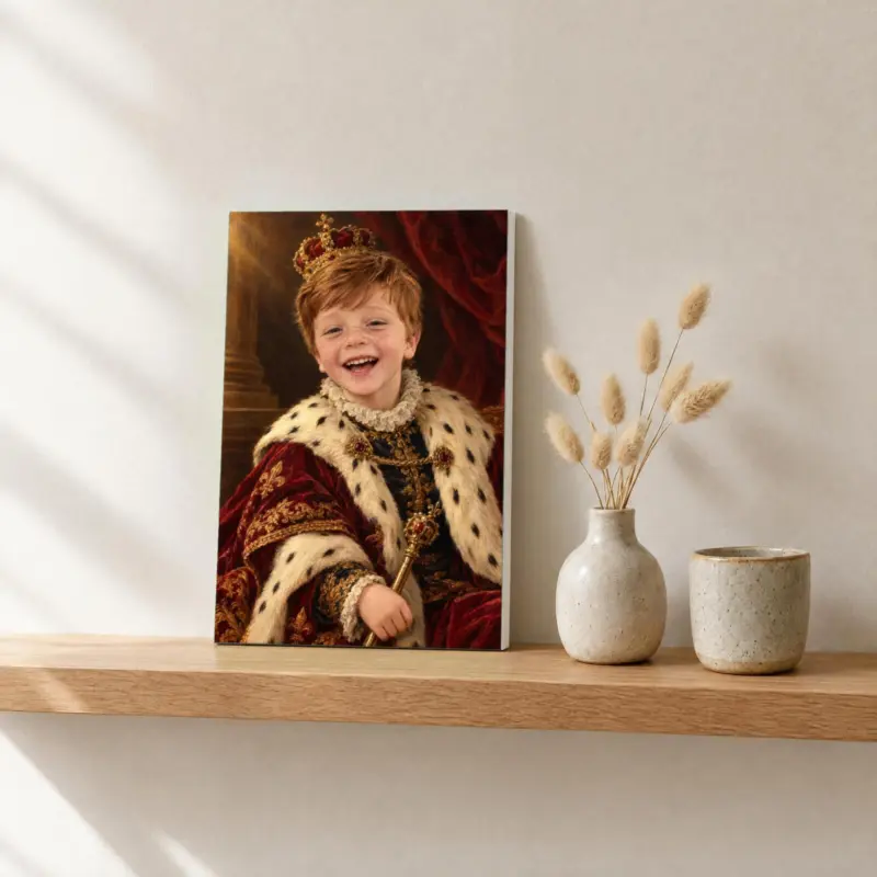 Kinderportret koninklijk geschilderd op canvas, op een fotorichel