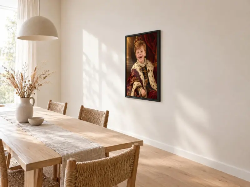 Kinderportret koninklijk geschilderd op canvas in een zwarte baklijst, bij de eettafel
