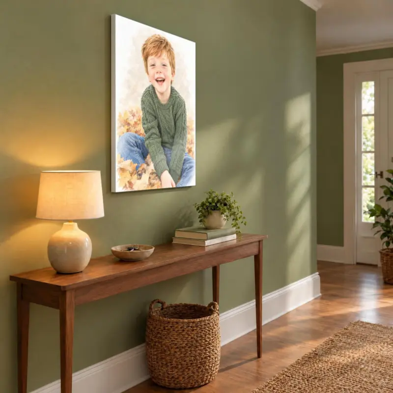 Kinderportret in pastel op canvas, in de hal