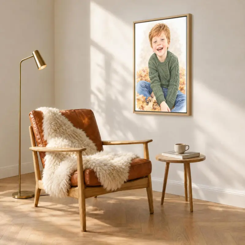 Kinderportret in pastel op canvas in een houten baklijst, boven een fauteuil