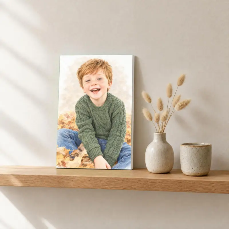 Kinderportret in pastel op canvas, op een fotorichel
