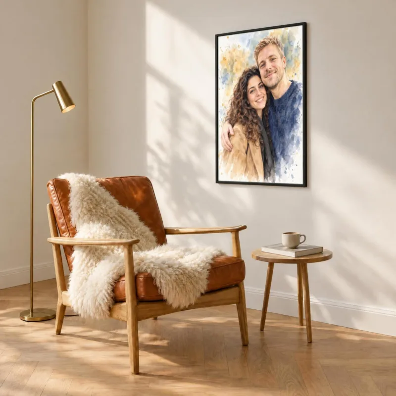 Koppelportret in aquarel in een zwarte lijst, boven een fauteuil