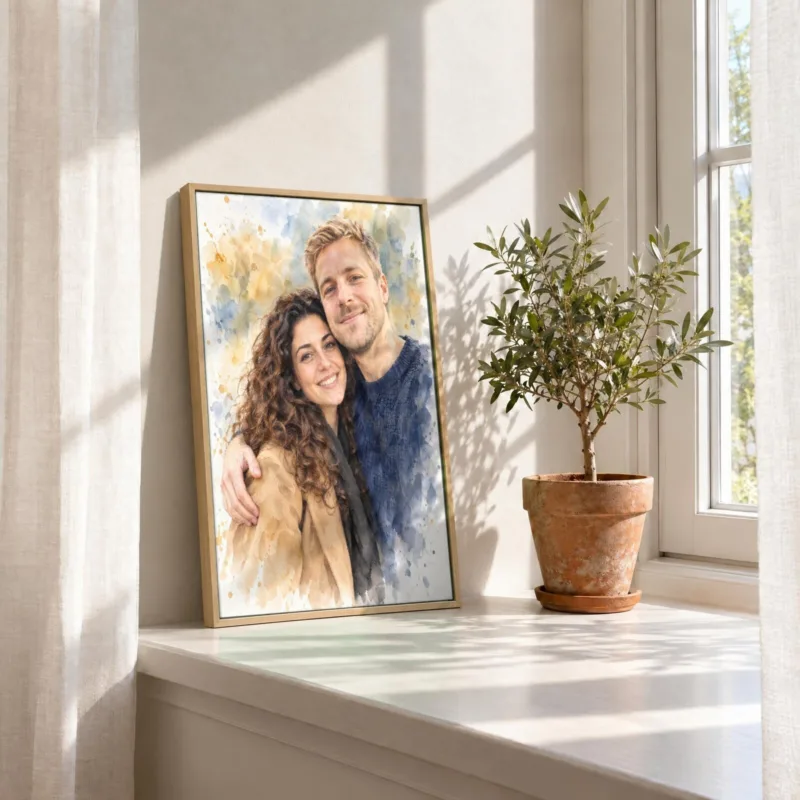 Koppelportret in aquarel op canvas in een houten baklijst, in de vensterbank