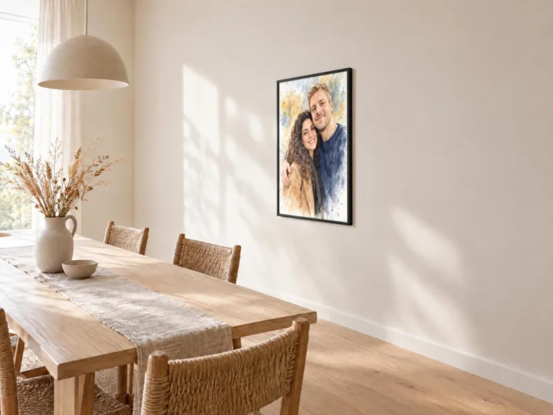Koppelportret in aquarel in een zwarte lijst, bij de eettafel