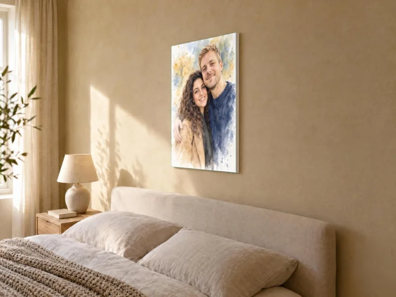 Koppelportret in aquarel op canvas, in de slaapkamer