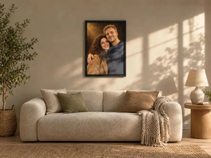 Koppelportret klassiek geschilderd op canvas in een zwarte baklijst, boven de bank