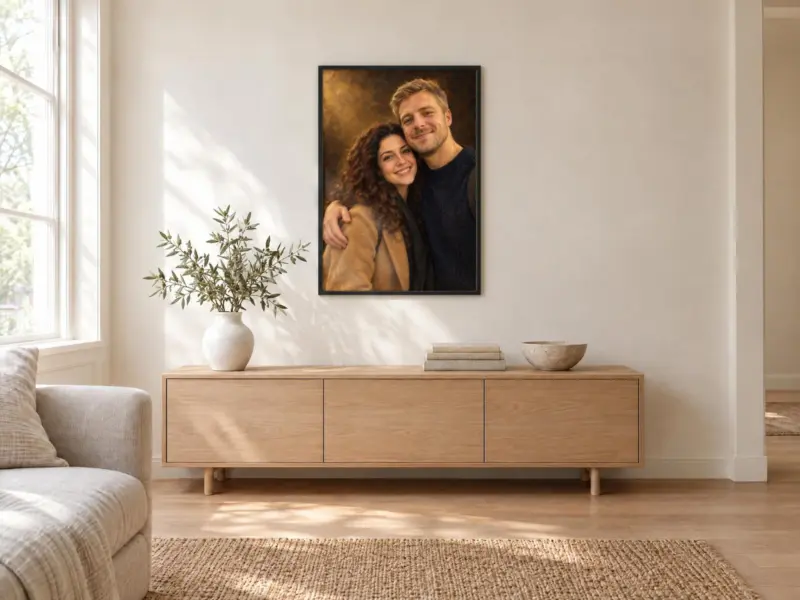 Koppelportret klassiek geschilderd in een zwarte lijst, boven een dressoir