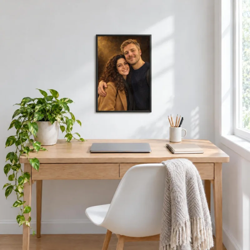 Koppelportret klassiek geschilderd in een zwarte lijst, boven een bureau