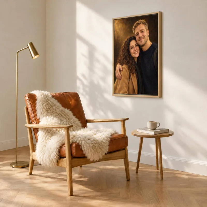 Koppelportret klassiek geschilderd op canvas in een houten baklijst, boven een fauteuil