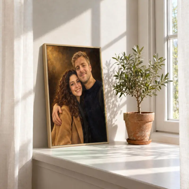 Koppelportret klassiek geschilderd op canvas in een houten baklijst, in de vensterbank