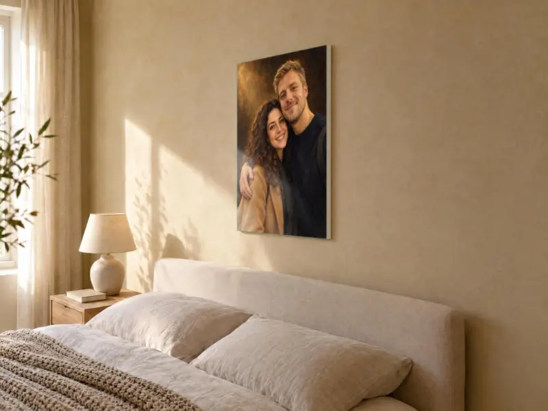 Koppelportret klassiek geschilderd op canvas, in de slaapkamer