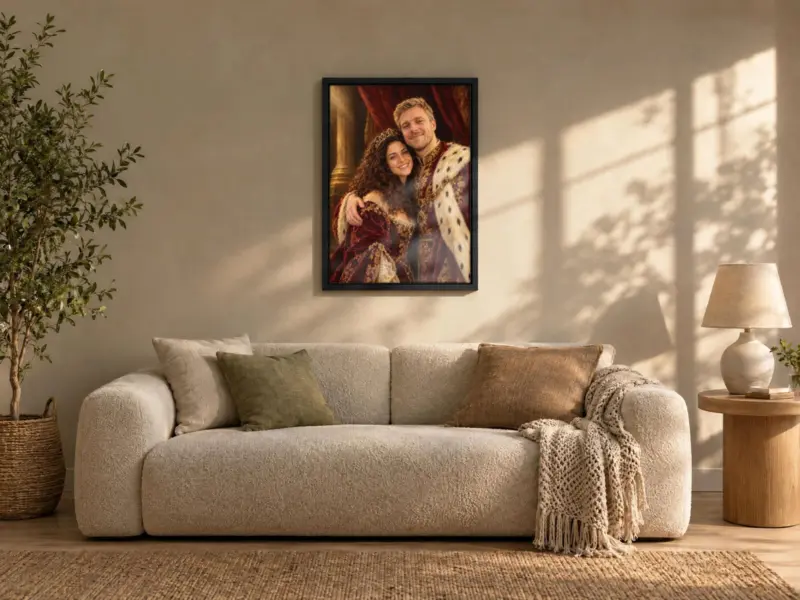 Koppelportret koninklijk geschilderd op canvas in een zwarte baklijst, boven de bank