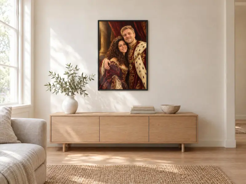 Koppelportret koninklijk geschilderd in een zwarte lijst, boven een dressoir