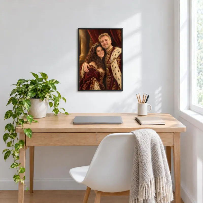 Koppelportret koninklijk geschilderd in een zwarte lijst, boven een bureau