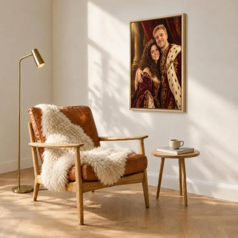 Koppelportret koninklijk geschilderd op canvas in een houten baklijst, boven een fauteuil