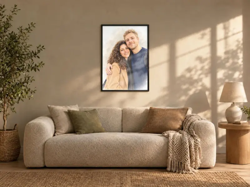 Koppelportret in pastel in een zwarte lijst, boven de bank