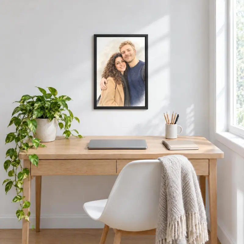 Koppelportret in pastel op canvas in een zwarte baklijst, boven een bureau
