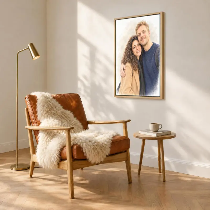Koppelportret in pastel op canvas in een houten baklijst, boven een fauteuil
