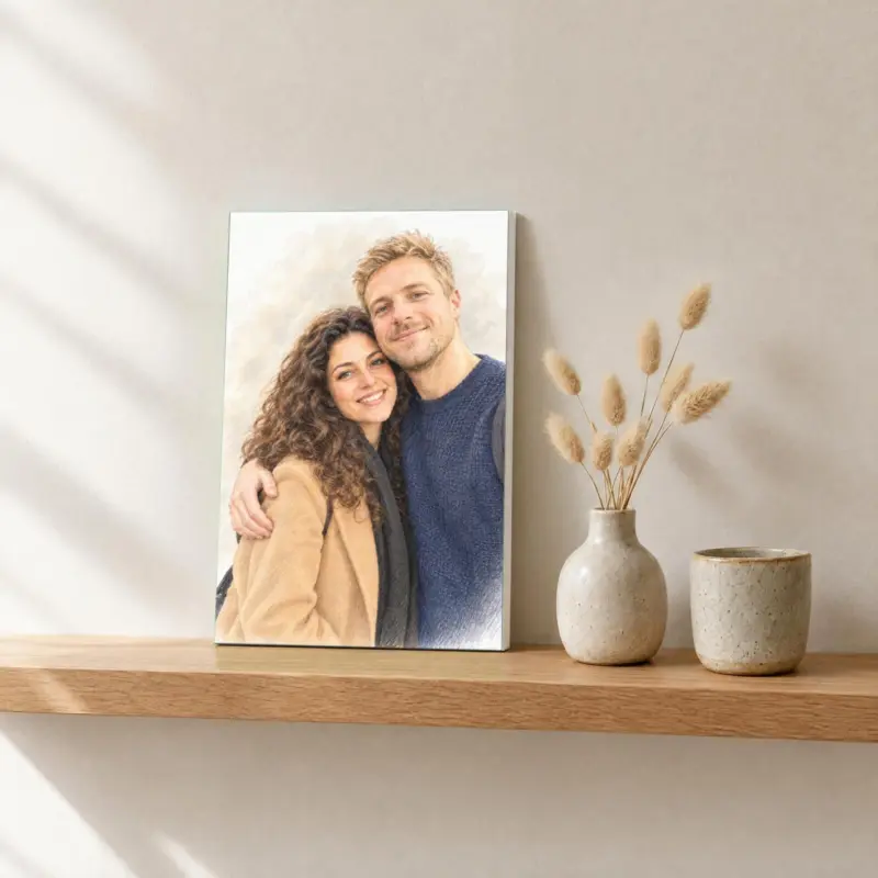 Koppelportret in pastel op canvas, op een fotorichel