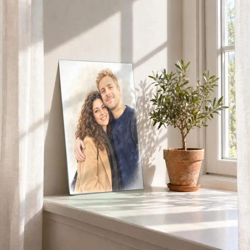 Koppelportret in pastel als losse print, in de vensterbank