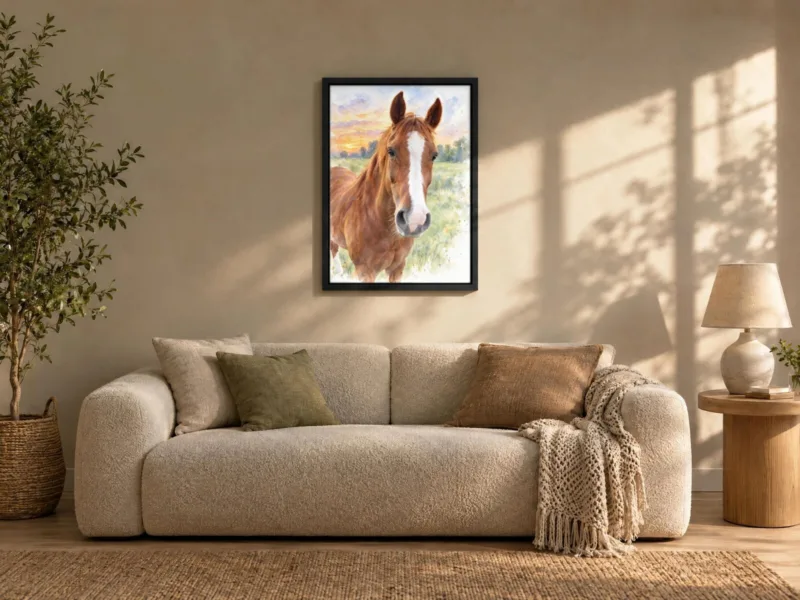 Paard in aquarel op canvas in een zwarte baklijst, boven de bank