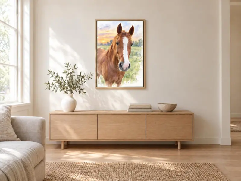 Paard in aquarel op canvas in een houten baklijst, boven een dressoir