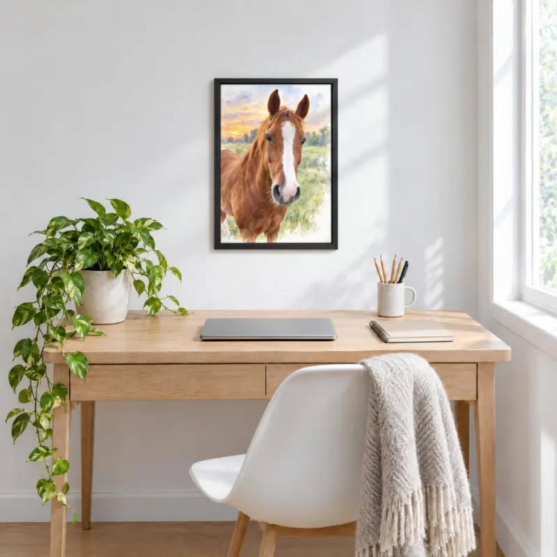 Paard in aquarel op canvas in een zwarte baklijst, boven een bureau