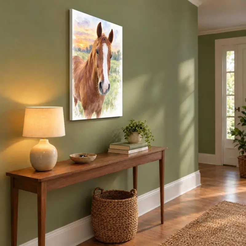 Paard in aquarel op canvas, in de hal