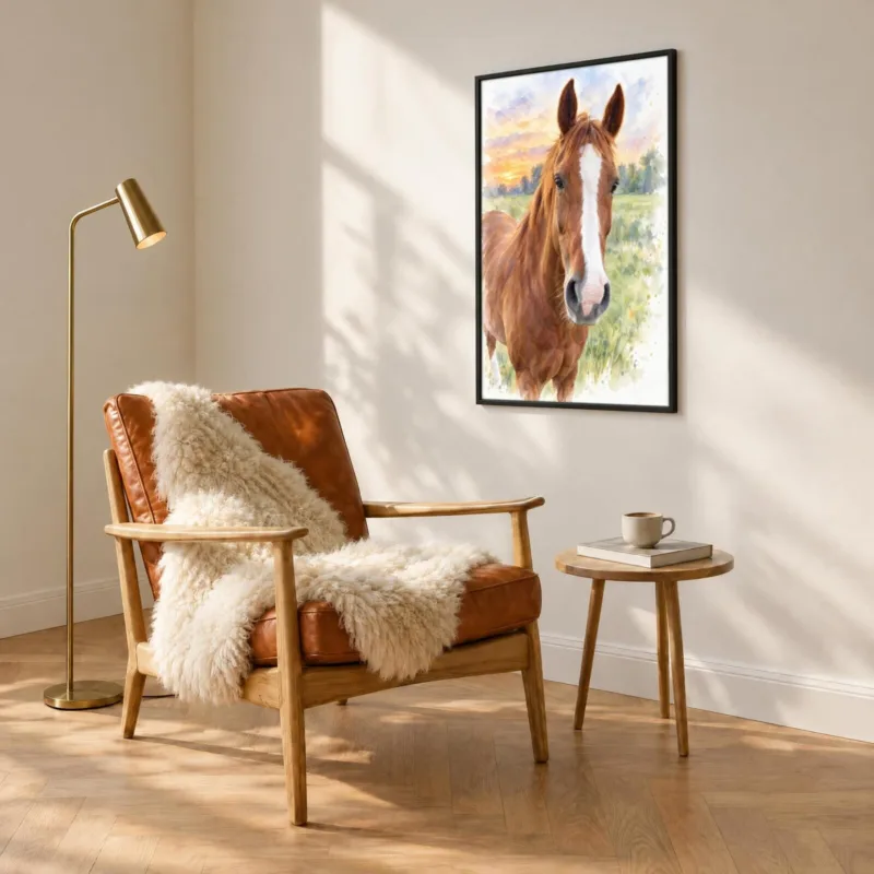 Paard in aquarel in een zwarte lijst, boven een fauteuil