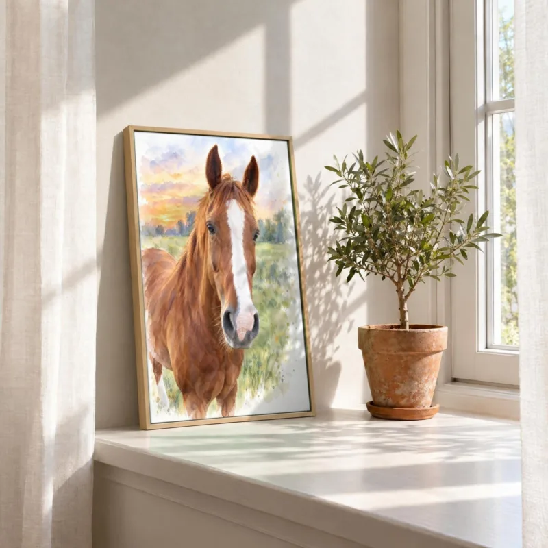 Paard in aquarel op canvas in een houten baklijst, in de vensterbank