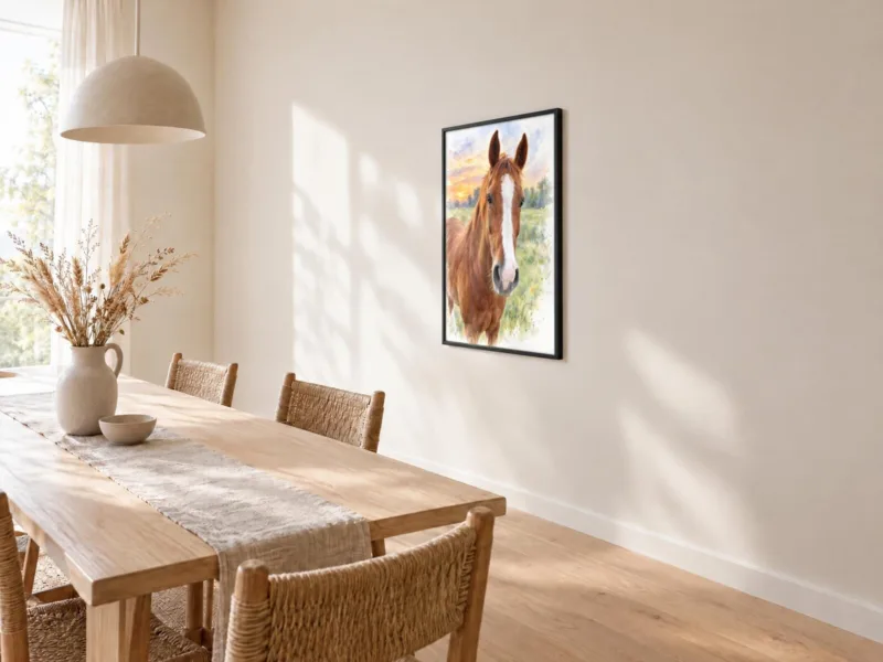 Paard in aquarel in een zwarte lijst, bij de eettafel