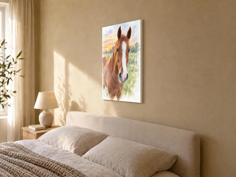 Paard in aquarel op canvas, in de slaapkamer