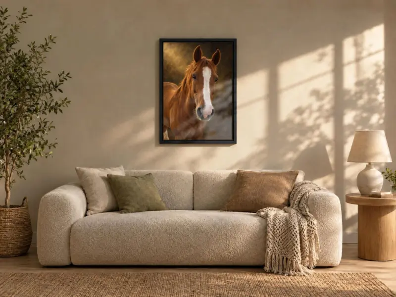 Paard klassiek geschilderd op canvas in een zwarte baklijst, boven de bank