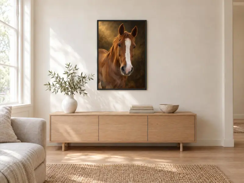 Paard klassiek geschilderd in een zwarte lijst, boven een dressoir