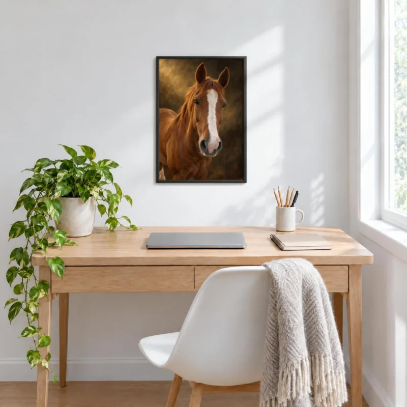 Paard klassiek geschilderd in een zwarte lijst, boven een bureau