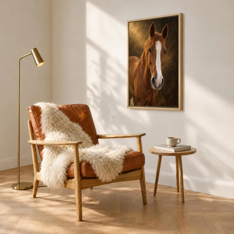 Paard klassiek geschilderd op canvas in een houten baklijst, boven een fauteuil