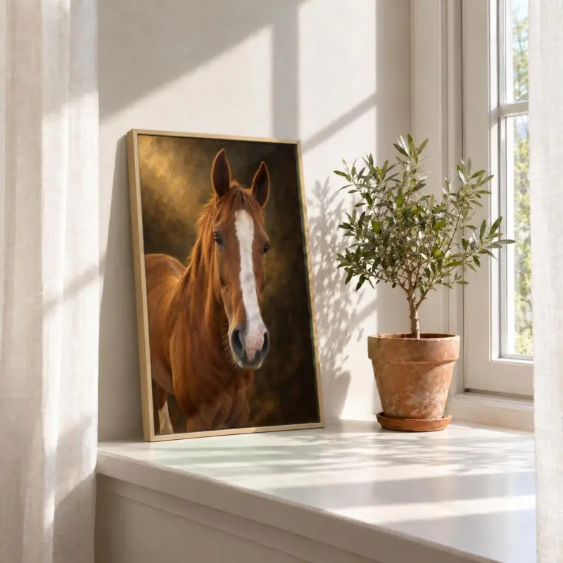 Paard klassiek geschilderd op canvas in een houten baklijst, in de vensterbank