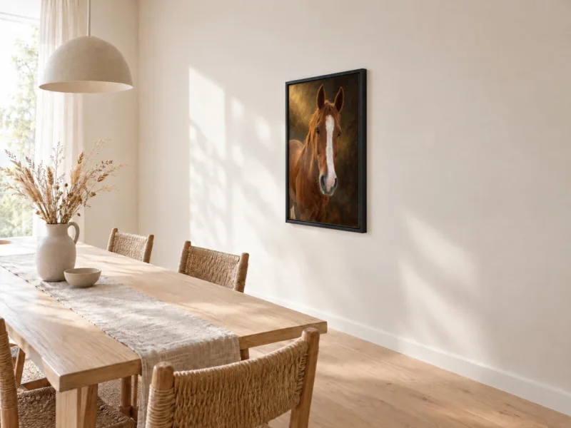 Paard klassiek geschilderd op canvas in een zwarte baklijst, bij de eettafel