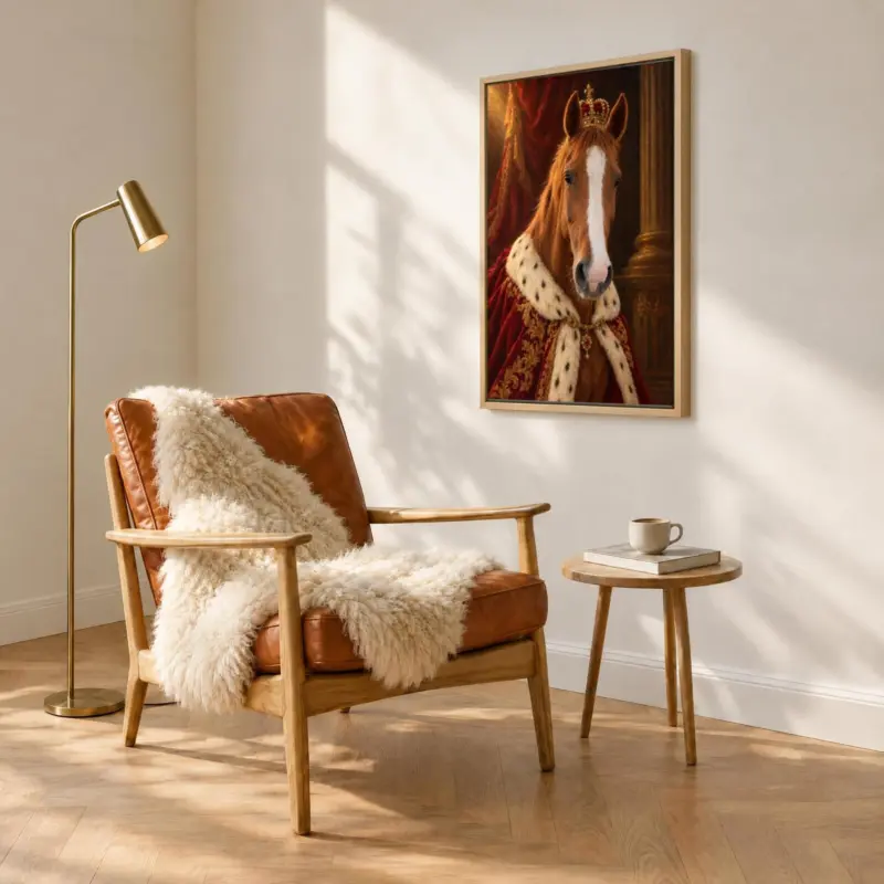 Paard koninklijk geschilderd op canvas in een houten baklijst, boven een fauteuil