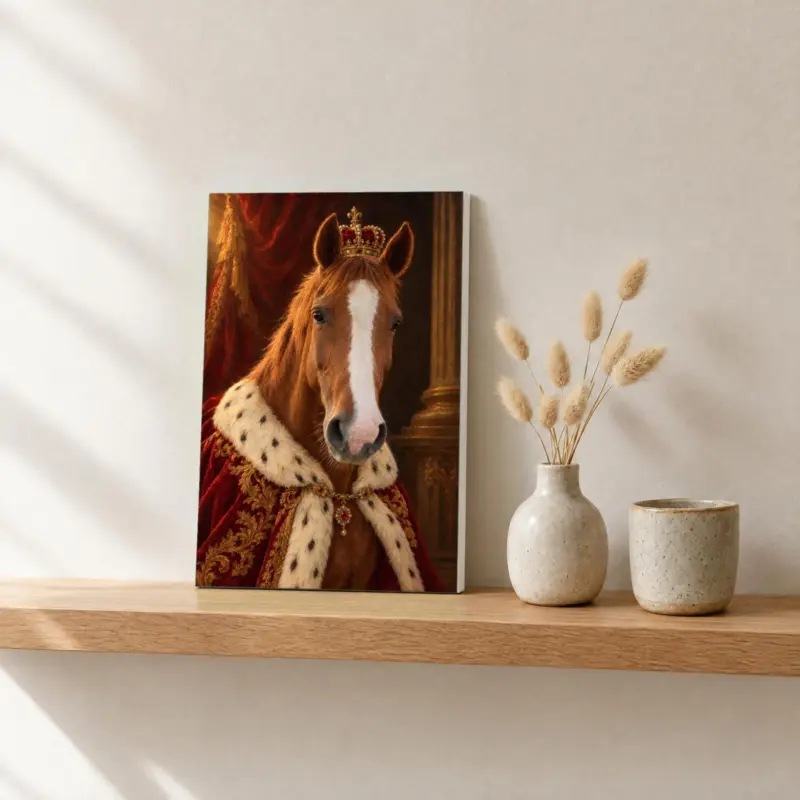 Paard koninklijk geschilderd op canvas, op een fotorichel