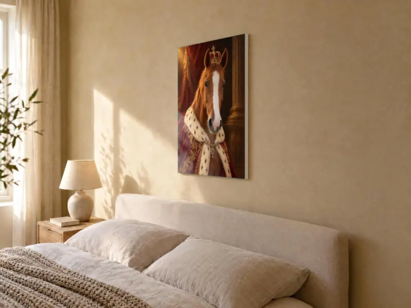 Paard koninklijk geschilderd op canvas, in de slaapkamer