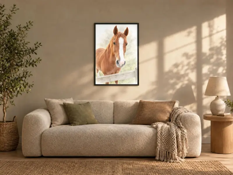 Paard in pastel in een zwarte lijst, boven de bank