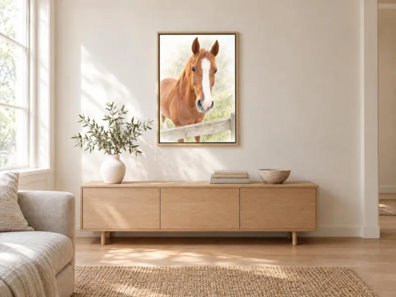 Paard in pastel op canvas in een houten baklijst, boven een dressoir