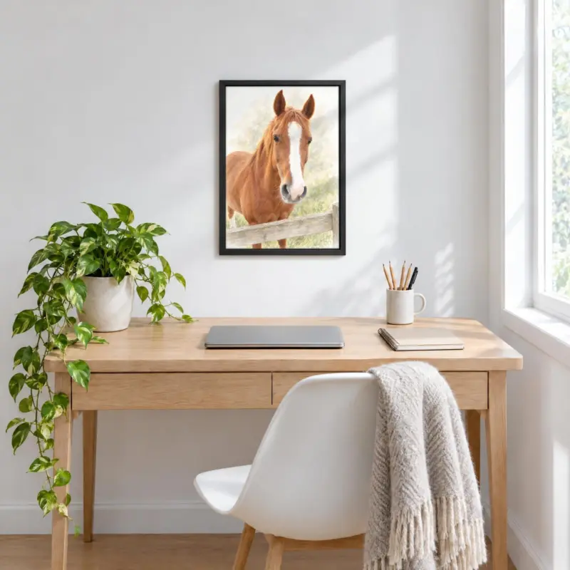 Paard in pastel op canvas in een zwarte baklijst, boven een bureau