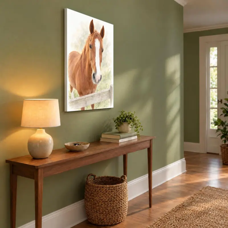 Paard in pastel op canvas, in de hal